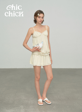 ChicChick时髦小鸡Elina*黄色系碎花网纱泡泡吊带双层连衣裙
