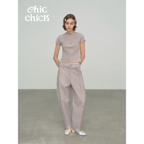ChicChick时髦小鸡新品 丁香紫色全棉复古洗水腰带装饰弯刀牛仔裤