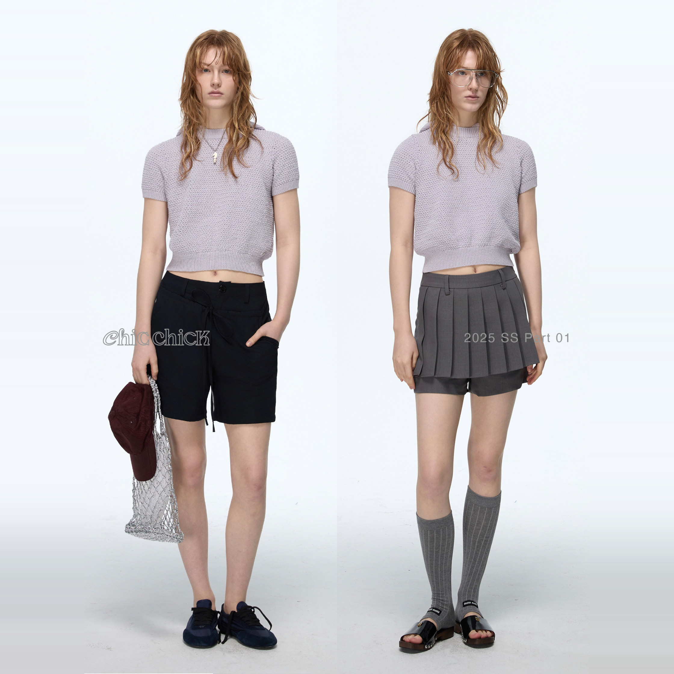 淡紫镂空针织休闲短款短袖帽衫