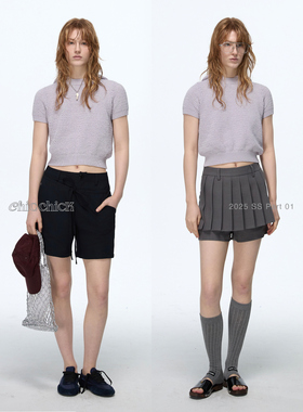 ChicChick时髦小鸡新品 氛围神器 淡紫镂空针织休闲短款短袖帽衫