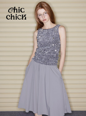 ChicChick时髦小鸡vol17[银色格利特]亮片丝绒重工可调节露背背心