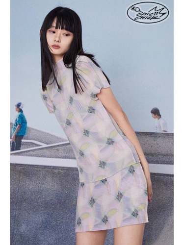 印花短袖复古薄压褶女上衣