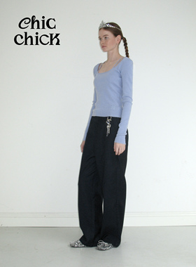 ChicChick时髦小鸡vol18藏蓝色西洋钥匙金属装饰挺括直筒西装长裤