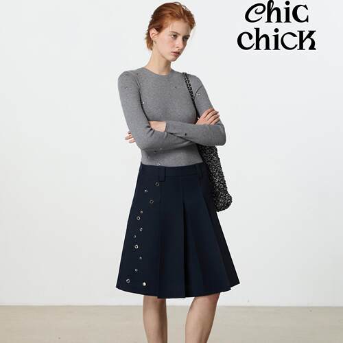 藏蓝金属装饰中长款百搭半裙