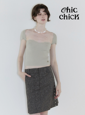 ChicChick时髦小鸡vol20灰白色波浪边度假感紧身针织抹胸短袖上衣