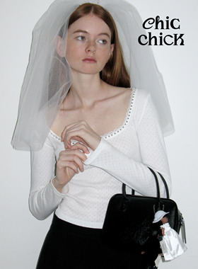 ChicChick时髦小鸡18朱丽叶钉珠蕾丝花边纯白提花纯棉针织打底衫