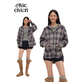 蓝色系格纹立体口袋磨毛休闲宽松衬衫 ChicChick时髦小鸡 氛围感
