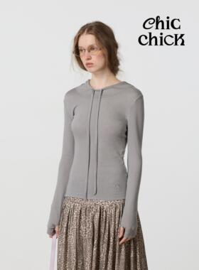 ChicChick时髦小鸡新品 珍珠灰 甄选天丝羊毛 叠穿连帽针织打底衫