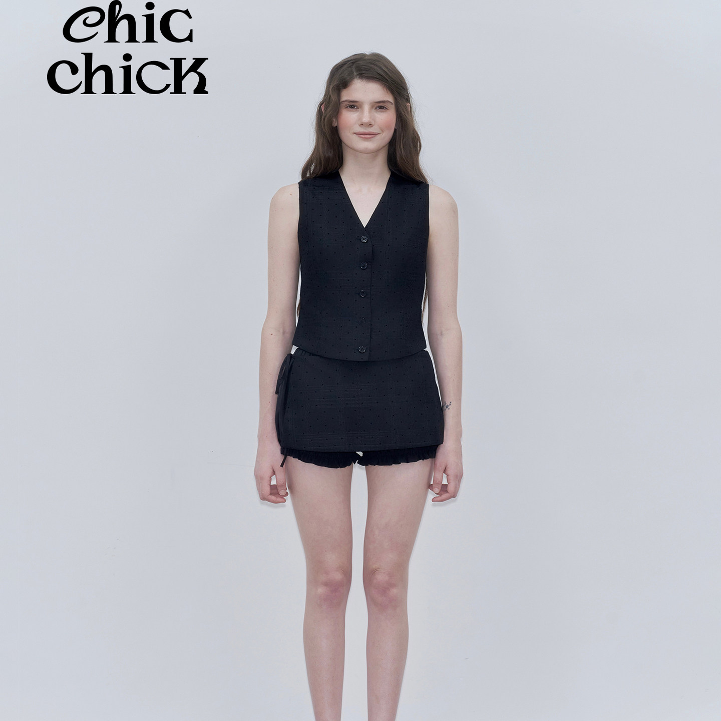 ChicChick时髦小鸡新品 法式复古黑网纱波点暗纹经典修身马甲上衣