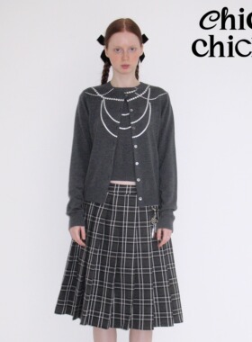ChicChick 时髦小鸡新品 灰色奴羊毛珍珠项链针织背心开衫两件套