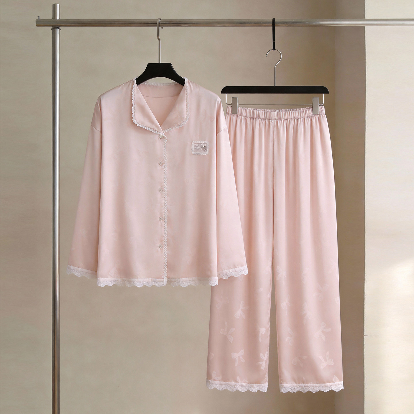 SLEEPTIGHT冰丝睡衣女款2026新款长袖春夏天粉色蝴蝶结轻奢家居服