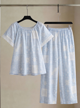 SLEEPTIGHT梭织纯棉睡衣女款夏天短袖长裤蓝色夏季中年妈妈家居服