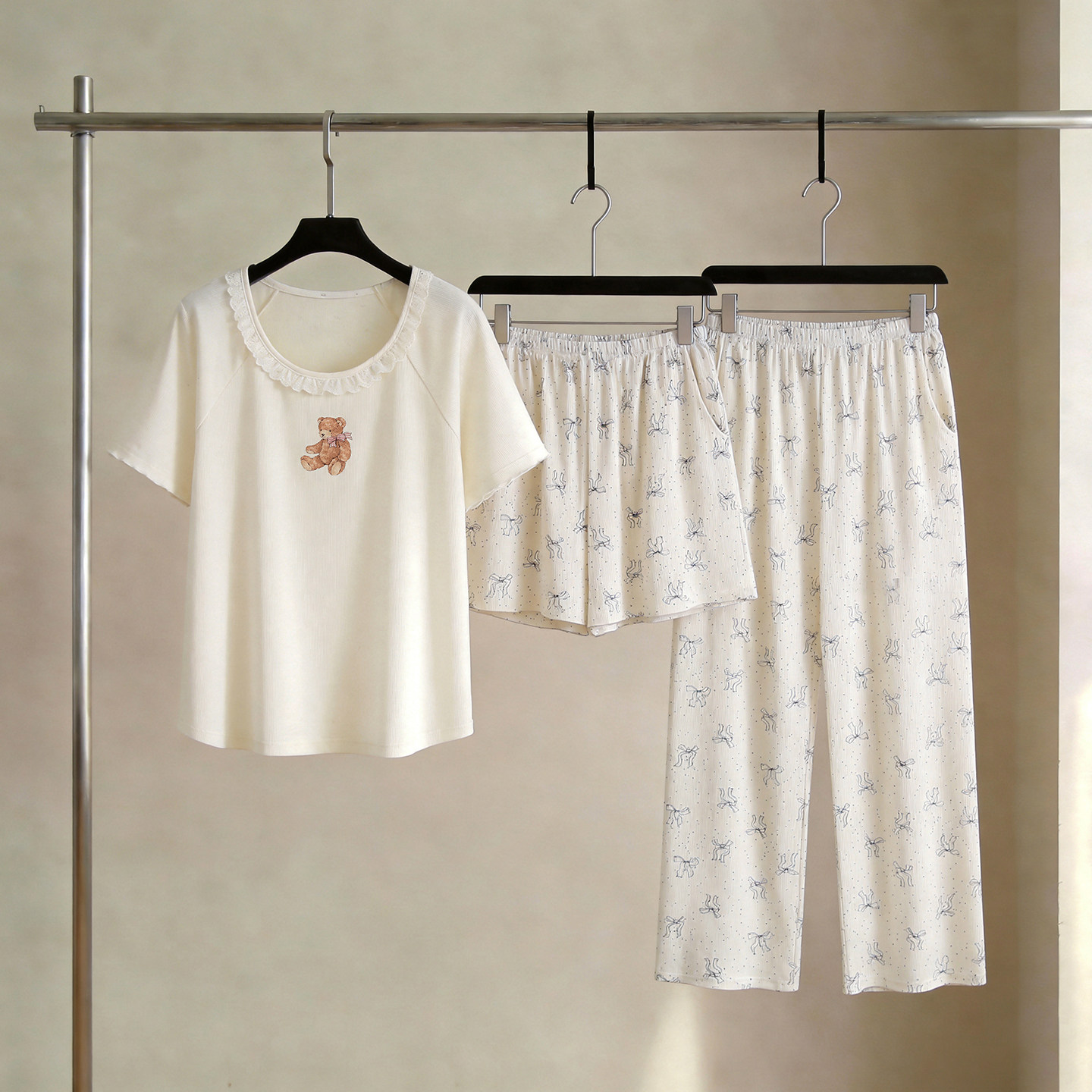 SLEEPTIGHT带胸垫睡衣女款夏季凉感棉短袖长裤蝴蝶结三件套家居服