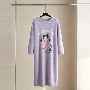 SLEEPTIGHT睡裙女款半边绒2025新款冬季加厚加绒卡通紫色长款裙子
