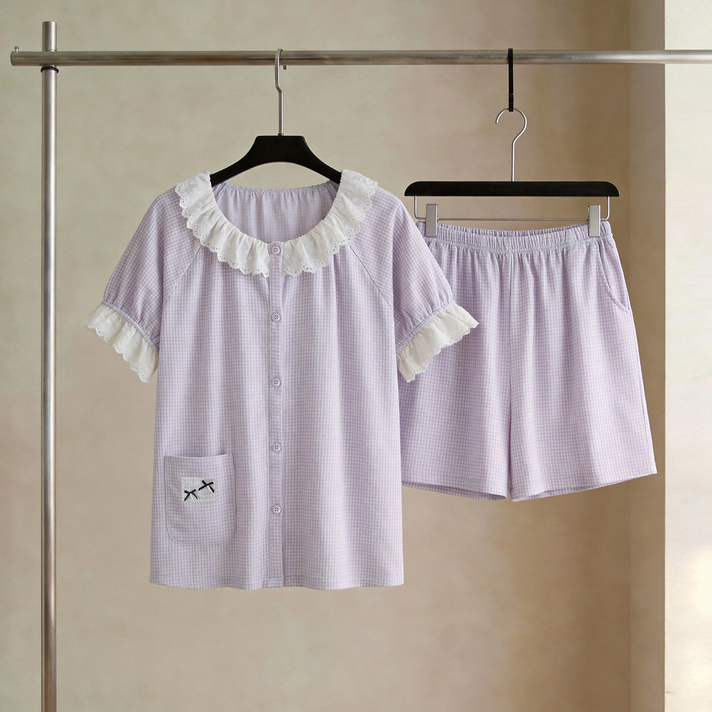 SLEEPTIGHT睡衣女款2026新款夏季短袖可爱小个子紫色格子家居服