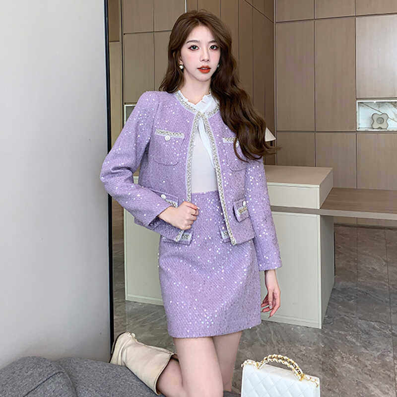 2025年秋装新款法式高级感炸街亮片重工紫色小香风短款两件套裙装,女装/女士精品,时尚套装,淘宝优惠券,粉丝福利购,淘宝优惠卷
