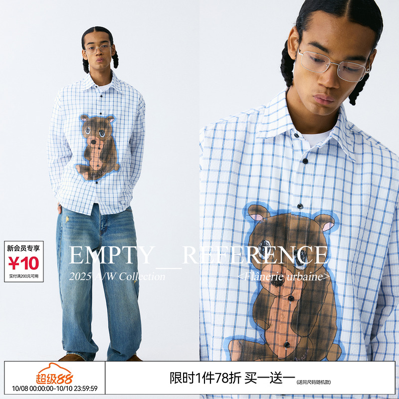 EMPTY REFERENCE 悲伤小熊手绘印花起皱格纹尖领衬衣长袖衬衫