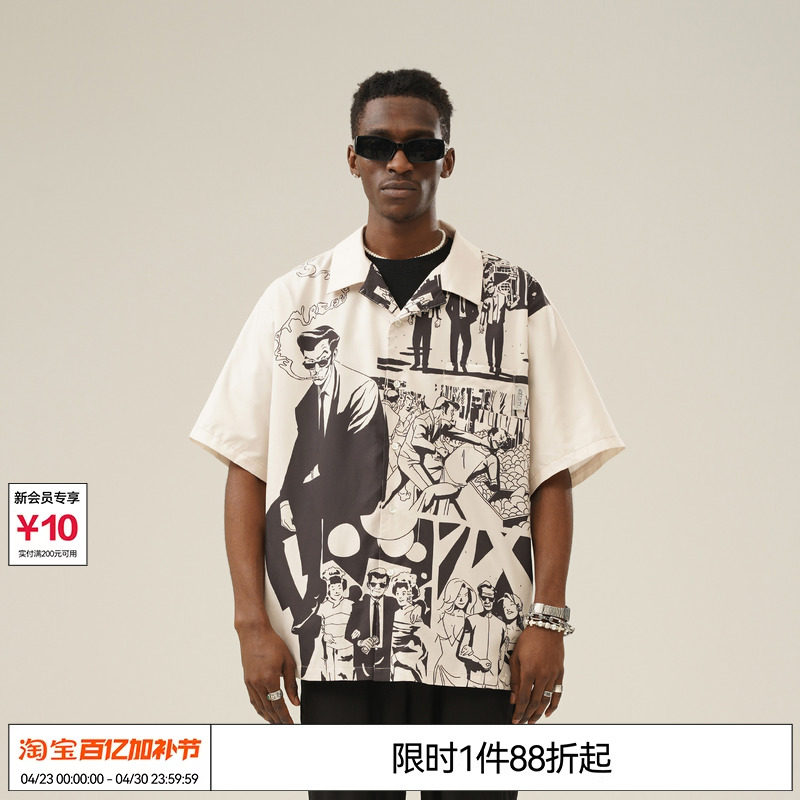 EMPTY REFERENCE 原创手绘漫画杀手主题印花短袖衬衫美式复古情侣