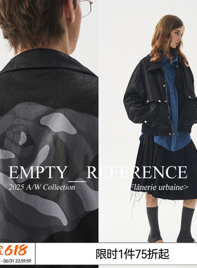 EMPTY REFERENCE 黑色斑驳环保仿皮革玫瑰印花拉链翻领夹克外套