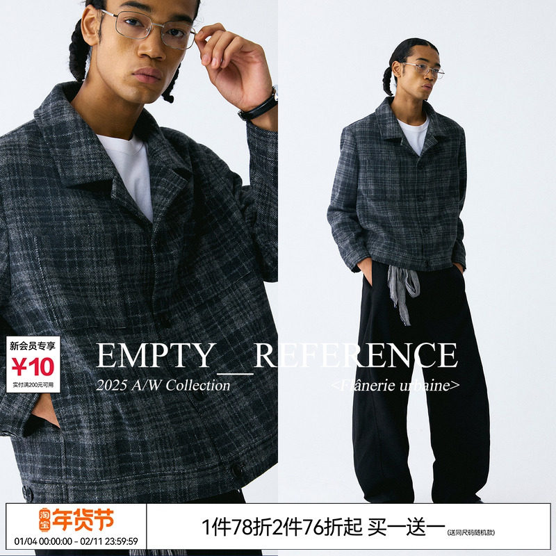 EMPTY REFERENCE 黑灰格纹复古毛呢垫肩重磅短款西装领夹克外套,男装,夹克,淘宝优惠券,粉丝福利购,淘宝优惠卷