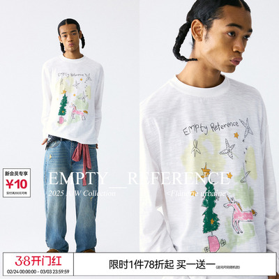 EMPTY REFERENCE纯棉竹节棉手绘小马与圣诞树印花上衣打底长袖T恤