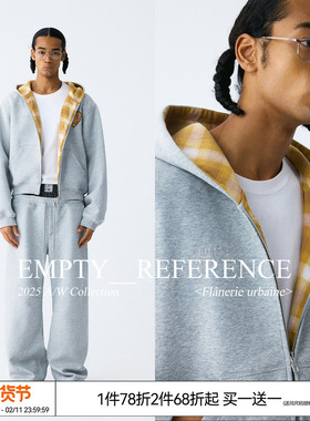 EMPTY REFERENCE 麻灰格纹拼接刺绣宽松重磅拉链连帽开衫卫衣外套