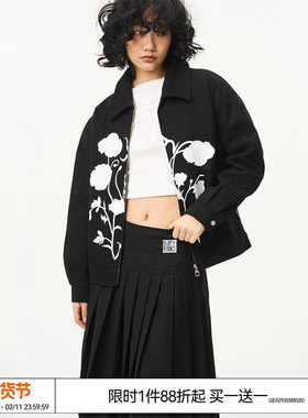 EMPTY REFERENCE 美式复古原创丝印白色花束宽松休闲翻领夹克外套