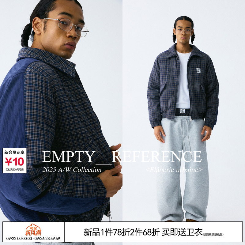 EMPTY REFERENCE 蓝色格纹灯芯绒拼接复古短款夹克棉服宽松厚外套
