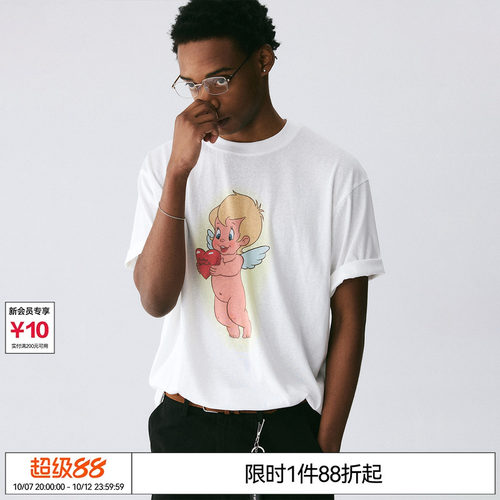 EMPTY REFERENCE白色雪花肌理手绘卡通天使印花打底衫凉感短袖T恤