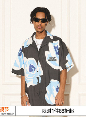 EMPTY REFERENCE美式复古黑色手绘玫瑰休闲沙滩短袖衬衫外搭衬衣