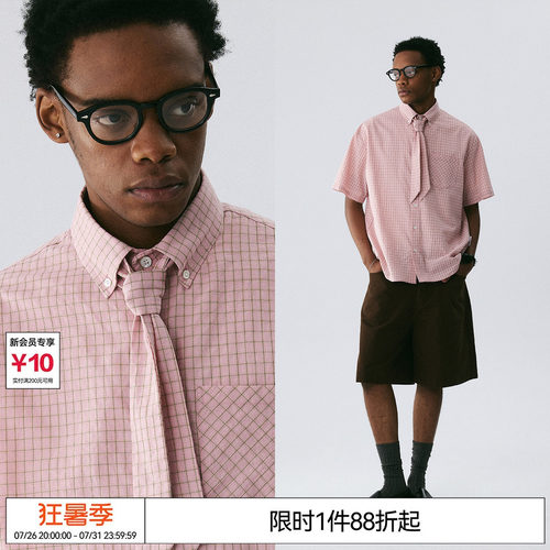 EMPTY REFERENCE 樱花粉落肩翻领可拆卸领巾宽松肌理格纹短袖衬衫