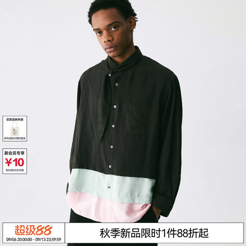 EMPTY REFERENCE 黑色褶皱肌理飘带领拼接复古休闲宽松长袖衬衫