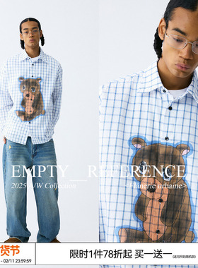 EMPTY REFERENCE 悲伤小熊手绘印花起皱格纹尖领衬衣长袖衬衫