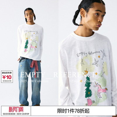 陈奕恒EMPTY REFERENCE纯棉竹节小马与圣诞树印花上衣打底长袖T恤
