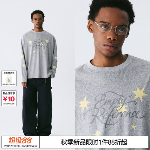 EMPTY REFERENCE手绘星夜字母印花纯棉上衣打底衫休闲宽松长袖T恤