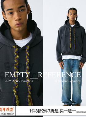 EMPTY REFERENCE 碳灰结构分割编织抽绳短款宽松长袖重磅连帽卫衣