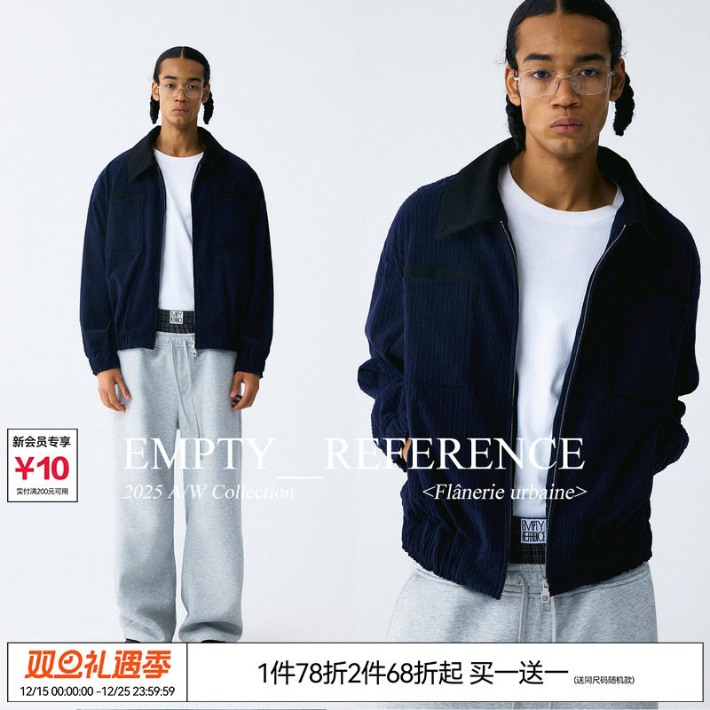 EMPTY REFERENCE 藏青灯芯绒拼接错位口袋复古宽松重磅夹克外套