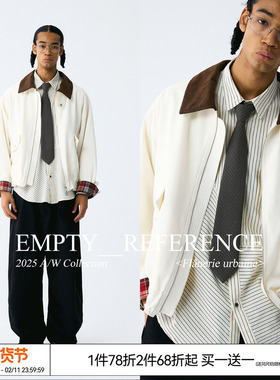 EMPTY REFERENCE 拼色翻领复古格纹袖牌白色灯芯绒宽松夹克外套