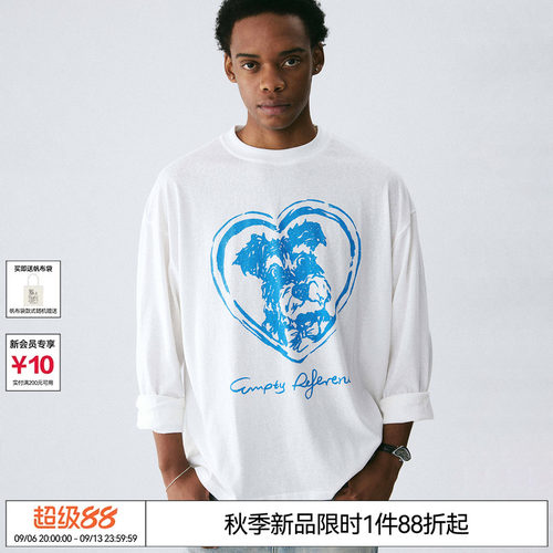 EMPTY REFERENCE白色手绘陪伴小狗印花打底上衣雪花棉宽松长袖T恤