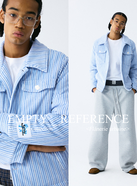 EMPTY REFERENCE 蓝白条纹重磅短款菱格纹绗棉休闲摇粒绒夹克外套