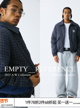 EMPTY REFERENCE 蓝色格纹灯芯绒拼接复古短款夹克棉服宽松厚外套