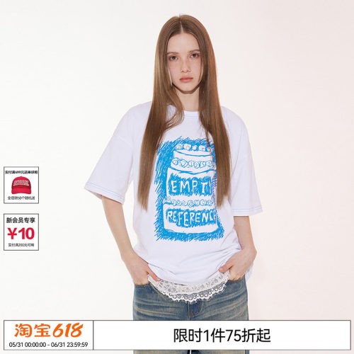 EMPTY REFERENCE 慵懒复古手绘白色印花柔软亲肤宽松圆领短袖T恤