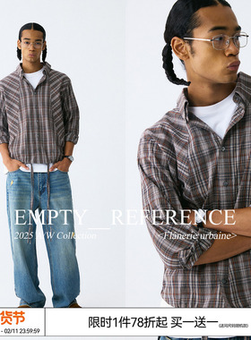 EMPTY REFERENCE 起皱格纹分割抽绳下摆纽扣领休闲衬衣长袖衬衫