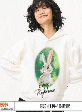 特惠6折起 EMPTY REFERENCE 水彩兔子印花休闲白色连帽长袖卫衣