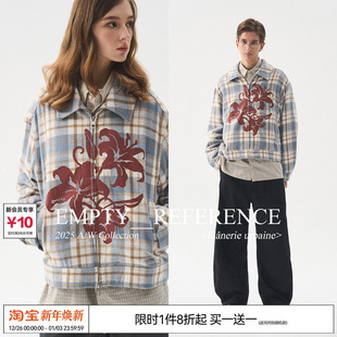 EMPTY 蓝棕格纹毛呢花朵印花宽松休闲拉链翻领夹克外套 REFERENCE