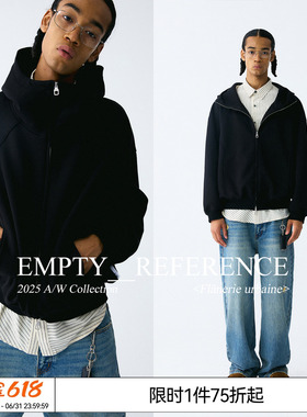 EMPTY REFERENCE 黑色结构分割廓形宽松拉链开衫外套重磅连帽卫衣