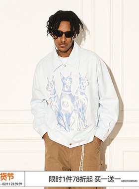 十个勤天 EMPTY REFERENCE 美式复古斑驳素描杜宾犬条纹夹克外套