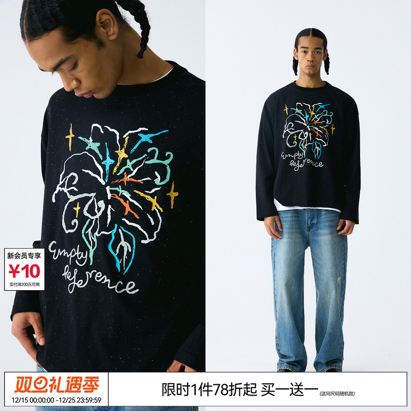 EMPTY REFERENCE缤纷花朵彩色提花圆点手绘印花宽松打底长袖T恤