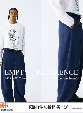EMPTY REFERENCE藏青色灯芯绒挺括重磅弯刀阔腿休闲长裤香蕉裤