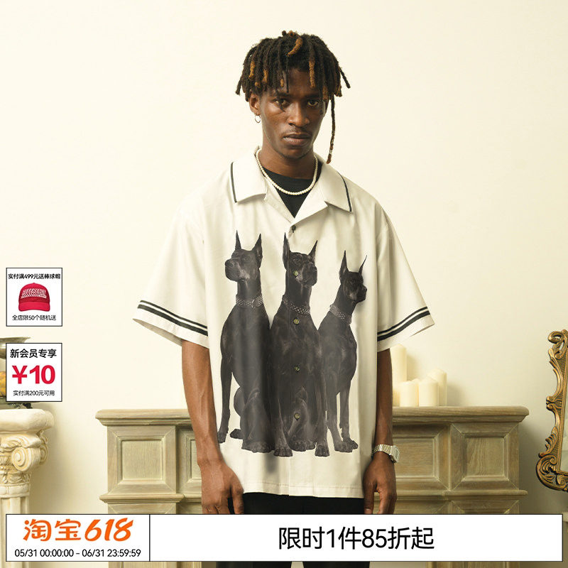 张鑫 谷爱凌 鹭卓 EMPTY REFERENCE杜宾犬印花古巴领衬衣短袖衬衫
